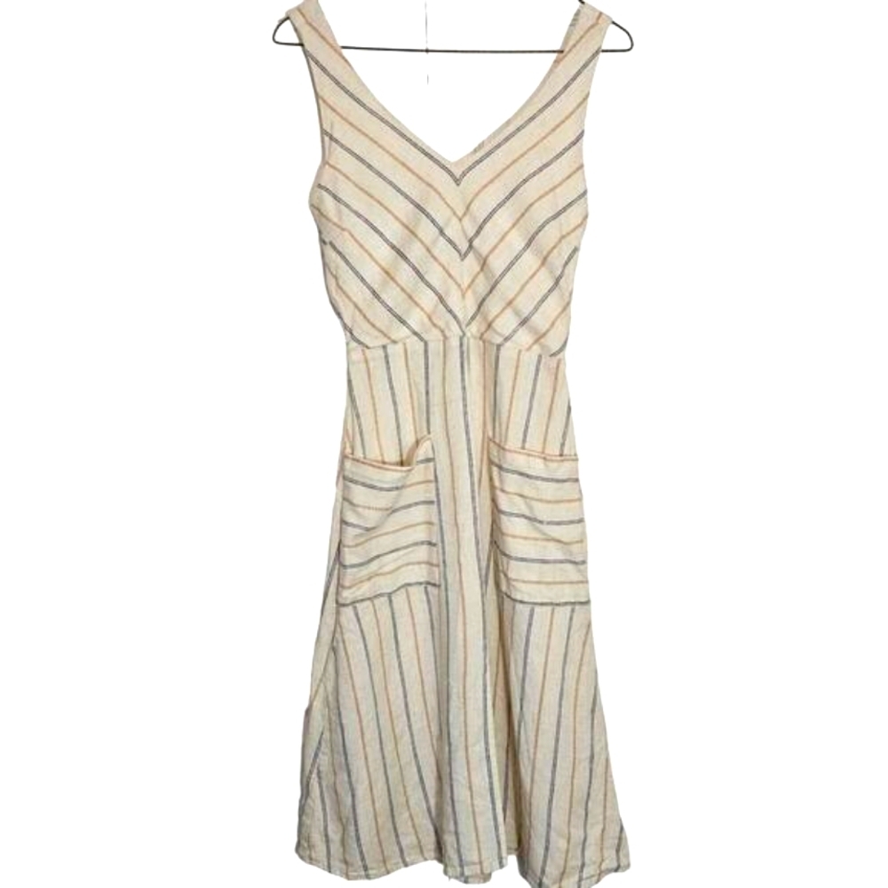 Monteau Linen Blend Pinstripe Dress Small Pockets Smocking Bohemian Vneck Summer